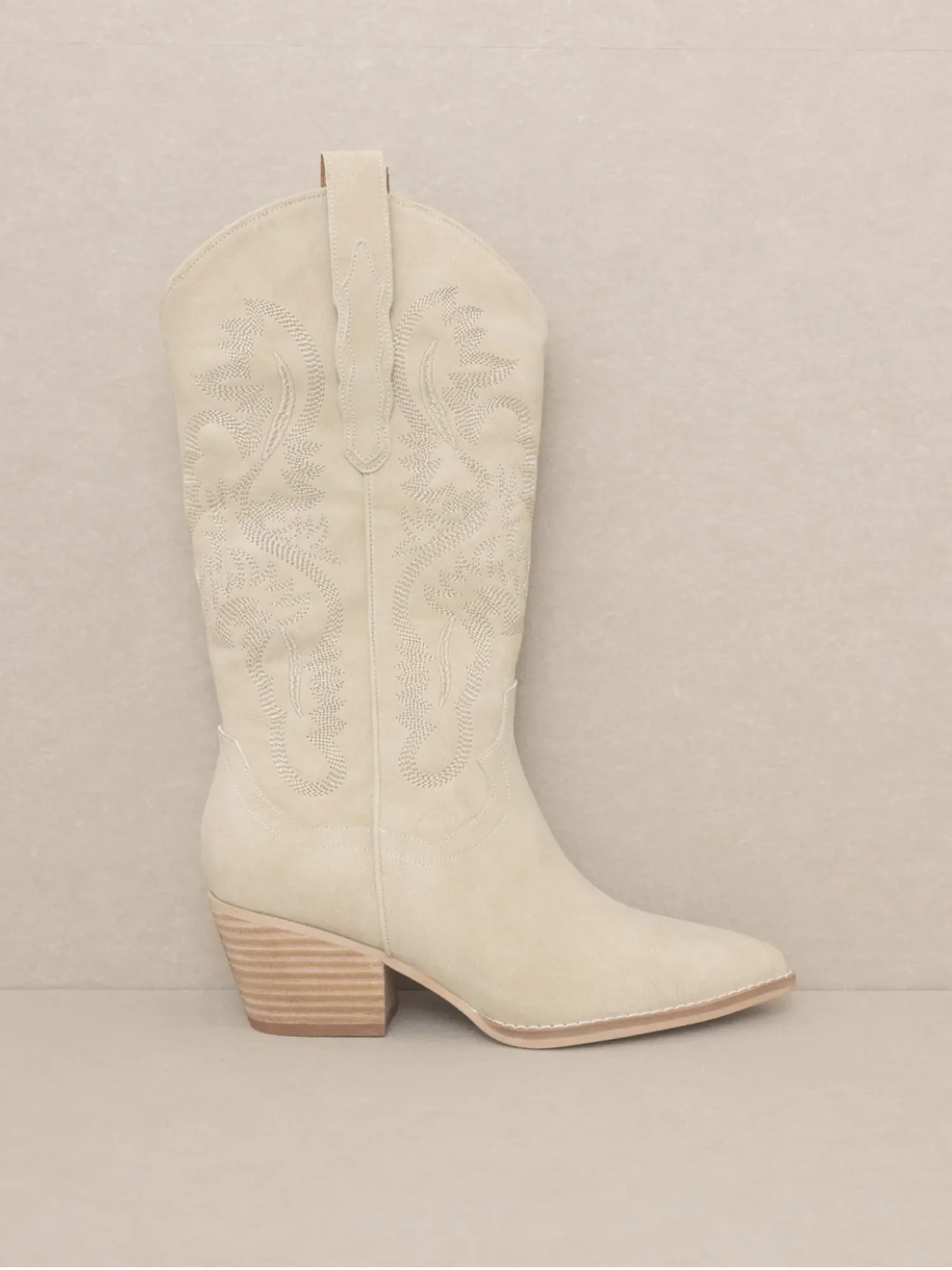 Amaya Embroidered Mid-Calf Cowgirl Boots (Taupe)