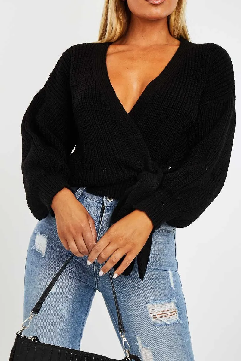 Black Wrap Tie Details Cardigan - Lucy