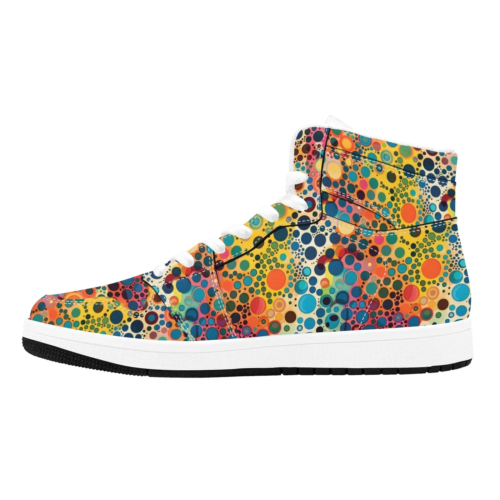 Colorful Psychedelic Women High Top Leather Shoes, Vibrant Lace Up Vegan Sneakers Streetwear Ladies Girls White Trainers Designer Festival