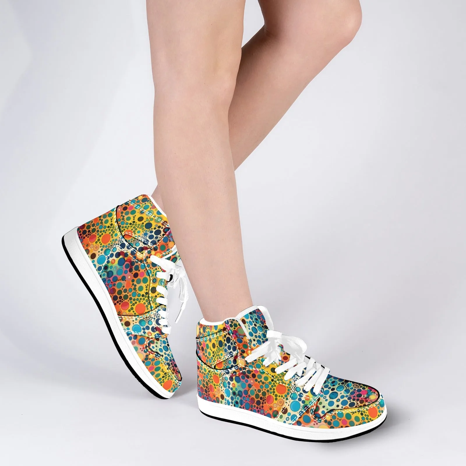 Colorful Psychedelic Women High Top Leather Shoes, Vibrant Lace Up Vegan Sneakers Streetwear Ladies Girls White Trainers Designer Festival