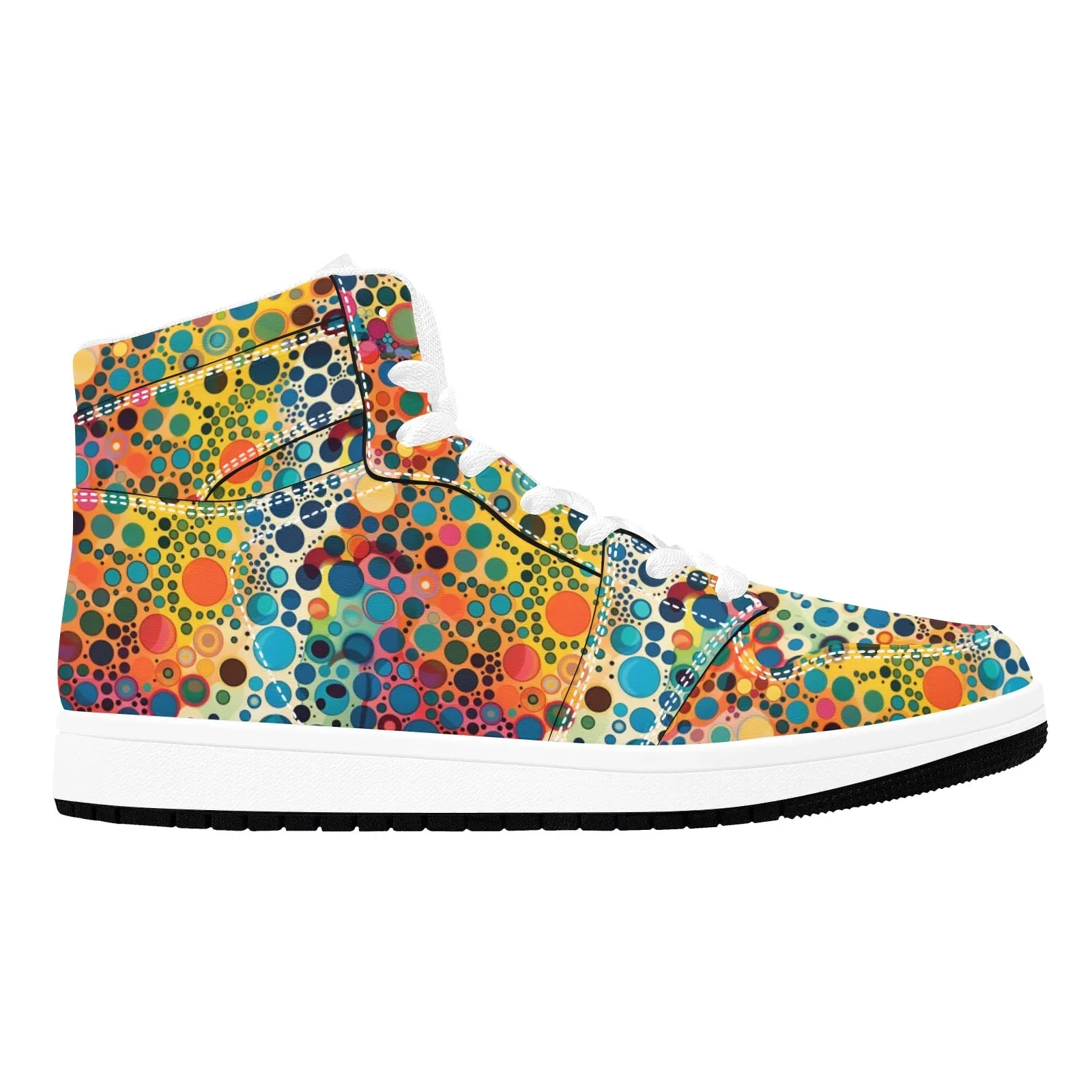 Colorful Psychedelic Women High Top Leather Shoes, Vibrant Lace Up Vegan Sneakers Streetwear Ladies Girls White Trainers Designer Festival