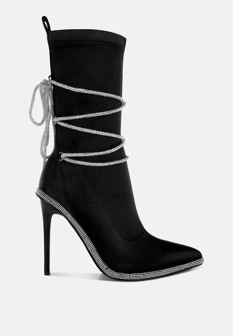 Dacia Rhinestones Strap Satin Calf Boots