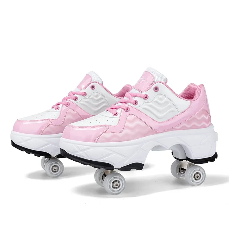 Deformable Four-wheel Retractable Double-row Dual-purpose Roller Skates, Size: 39(DF09 Pink)