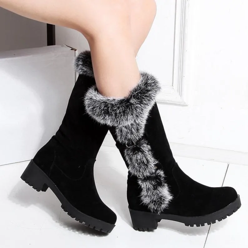 Fuzzy trim fur lined mid calf snow boots