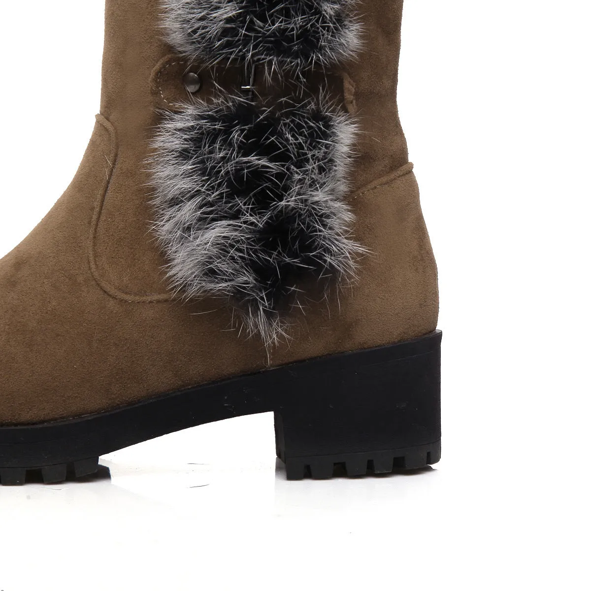 Fuzzy trim fur lined mid calf snow boots