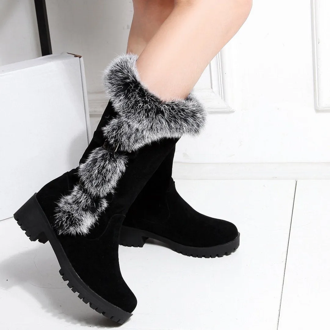 Fuzzy trim fur lined mid calf snow boots