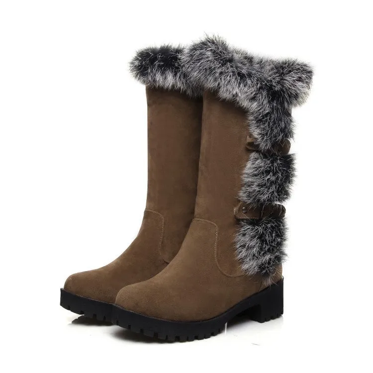 Fuzzy trim fur lined mid calf snow boots