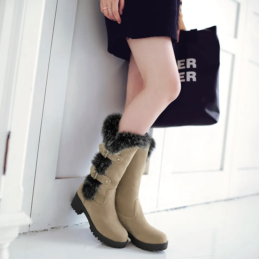 Fuzzy trim fur lined mid calf snow boots