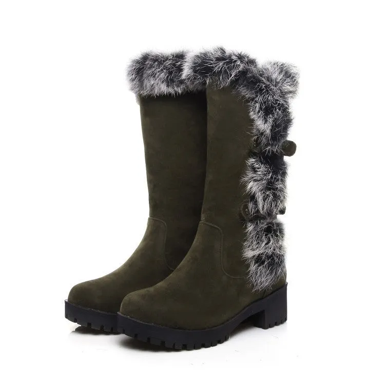 Fuzzy trim fur lined mid calf snow boots