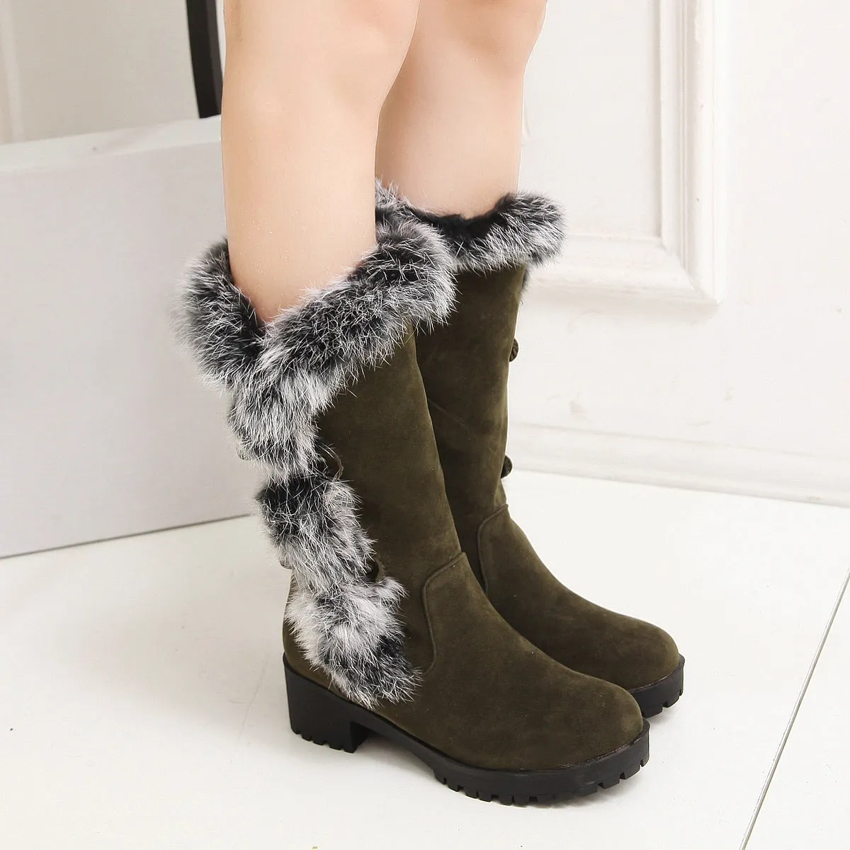 Fuzzy trim fur lined mid calf snow boots