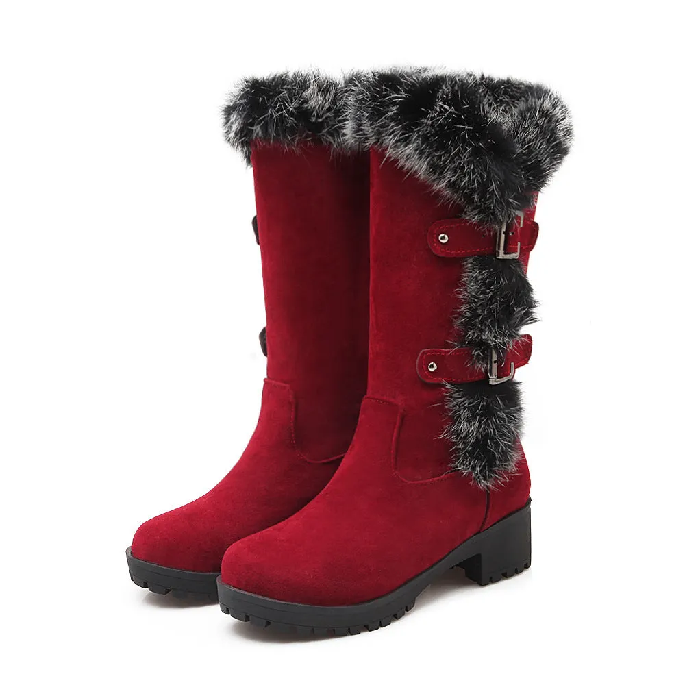 Fuzzy trim fur lined mid calf snow boots