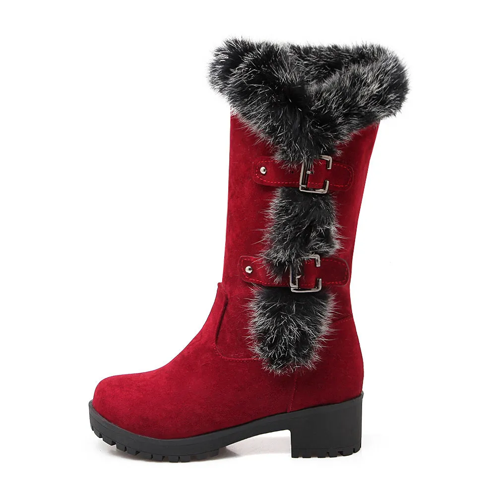 Fuzzy trim fur lined mid calf snow boots