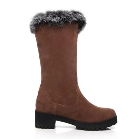 Fuzzy trim fur lined mid calf snow boots