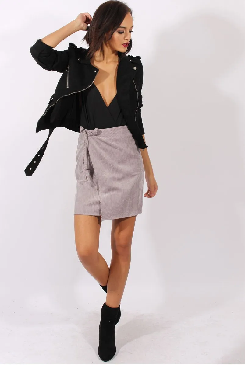 Grey Corduroy Front Wrap High Waisted Skirt - Caylon