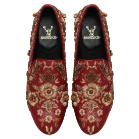 Maroon Leather Flower Design Copper Gold Zardosi Embroidery Slip-On Shoes By Brune & Bareskin