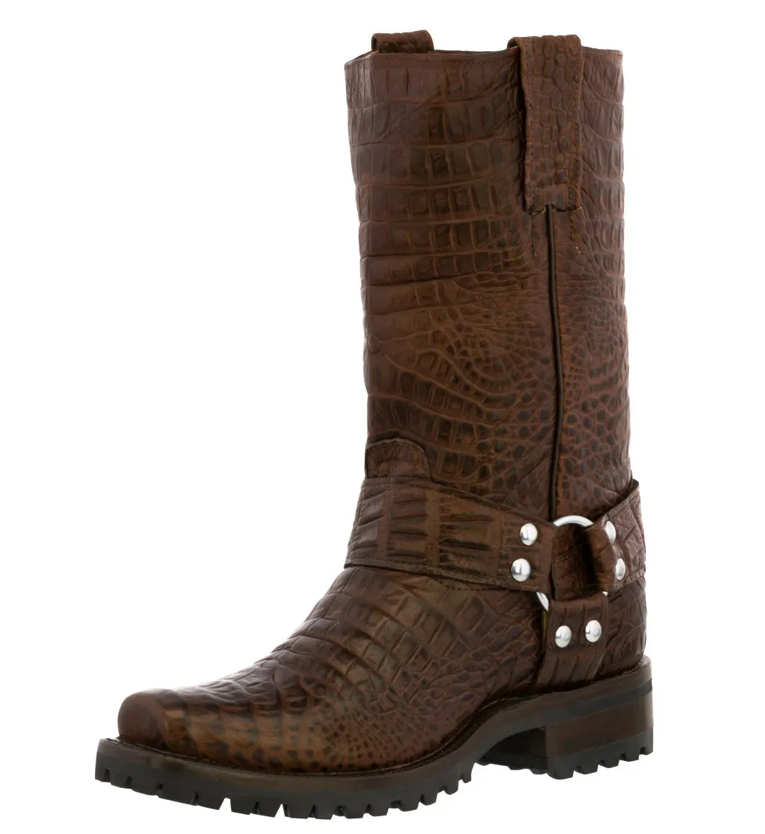 Mens Brown Motorcycle Boots Crocodile Belly Print - Square Toe