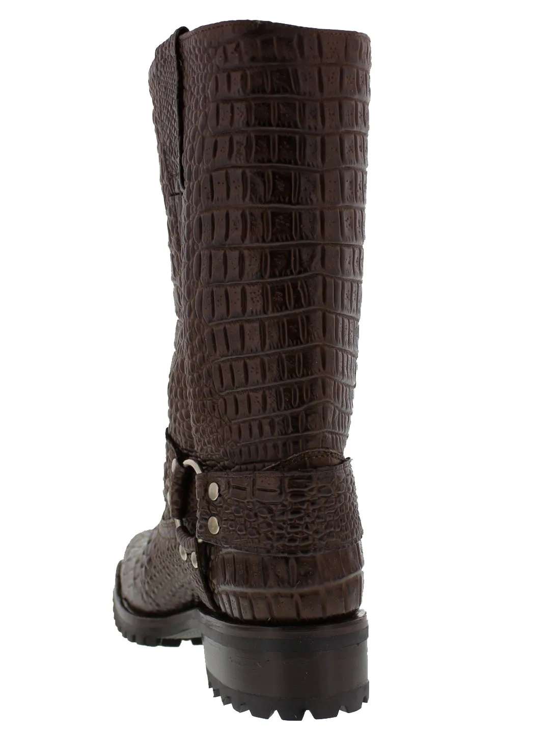 Mens Brown Motorcycle Boots Crocodile Belly Print - Square Toe