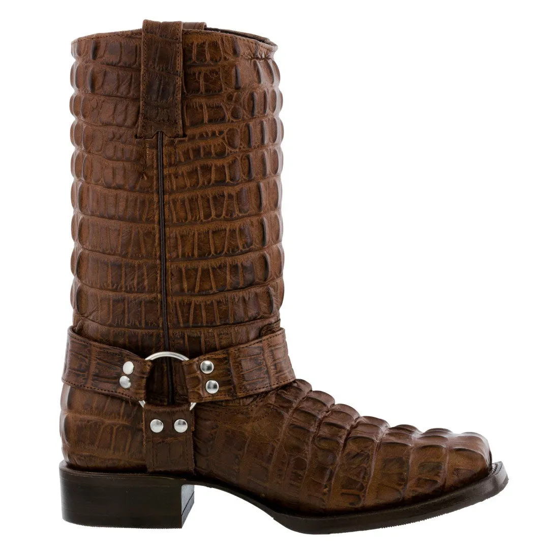 Mens Brown Motorcycle Boots Crocodile Tail Print Leather - Square Toe