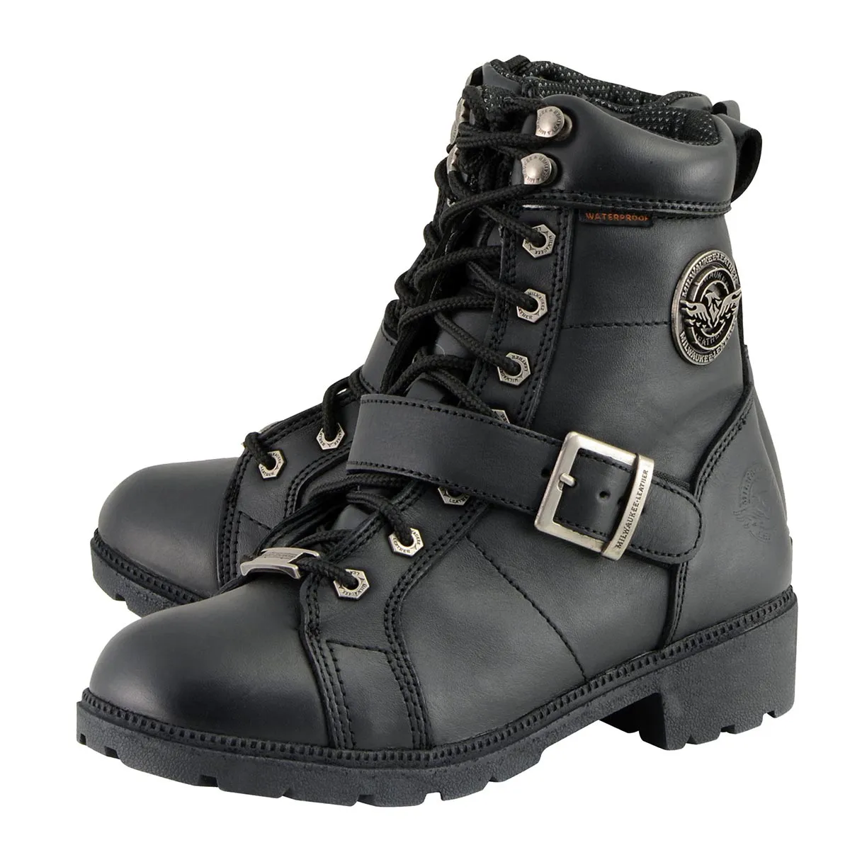 Milwaukee Leather MBL9326WP Women's Premium Black Leather Lace-Up Waterproof Motorcyle Rider Boots