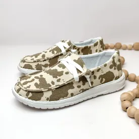 Very G | Have To Run Cow Print Slip On Loafers with Laces in Tan